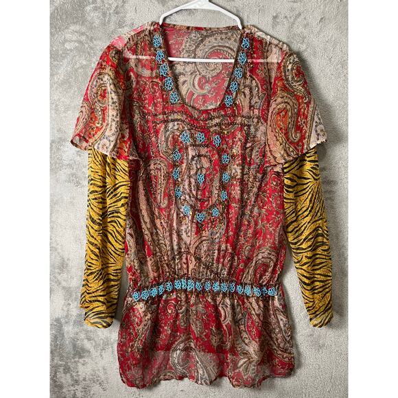 Vintage Tops - Vintage Boho Paisley Tunic Top Beaded Neckline Sheer Blouse Peasant Festival XL